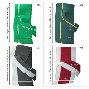 May include: Four different fabric strips with contrasting colored stripes. The strips are folded in half and the measurements are labeled in inches. The strips are green with white stripes, green with yellow stripes, gray with white stripes, and red with white stripes.
