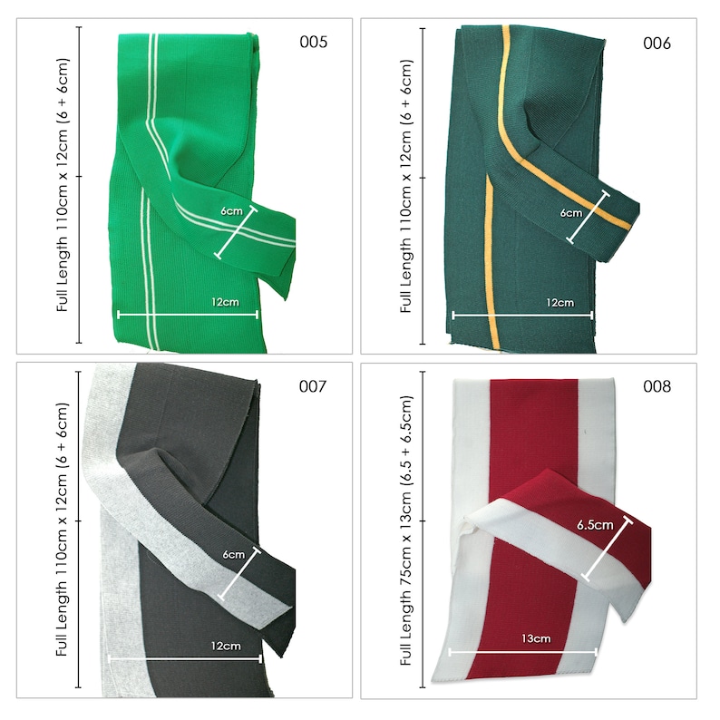 May include: Four different fabric strips with contrasting colored stripes. The strips are folded in half and the measurements are labeled in inches. The strips are green with white stripes, green with yellow stripes, gray with white stripes, and red with white stripes.