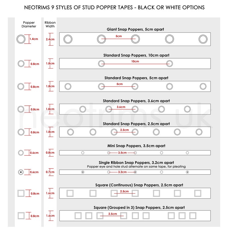 May include: Diagram showing nine different styles of stud popper tapes for crafts. The diagram shows the different sizes of the poppers and the spacing between them. The popper tapes are available in black or white.