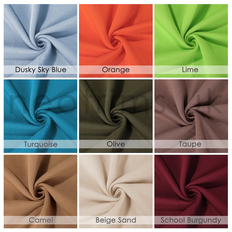 May include: Nine fabric swatches in different colors, including dusty sky blue, orange, lime, turquoise, olive, taupe, camel, beige sand, and school burgundy.