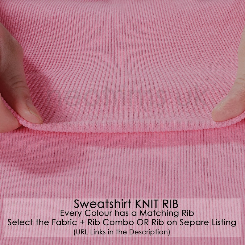 Puede incluir: Primer plano de tejido de punto rosa con textura acanalada. El texto "Sweatshirt KNIT RIB" es visible en la parte inferior de la imagen. El texto "Every Colour has a Matching Rib" tambi&eacute;n es visible. El texto "Select the Fabric + Rib Combo OR Rib on Separe Listing" tambi&eacute;n es visible. El texto "(URL Links in the Description)" tambi&eacute;n es visible.