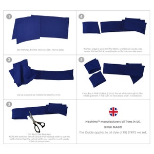 May include: A step-by-step guide on how to use a 100 cm wide by 14 cm deep rib welt strip for trimming garments. The guide shows how to fold the strip to create a 7 cm deep cuff, and how to cut the strip to size. The guide also includes information about the Neotrims brand and their commitment to manufacturing all trims in the UK.