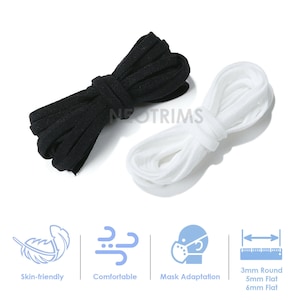 May include: Two spools of elastic cord for face masks. One spool is black and the other is white. The elastic is 3mm round, 5mm flat, and 6mm flat. The elastic is skin-friendly, comfortable, and provides a good mask adaptation.