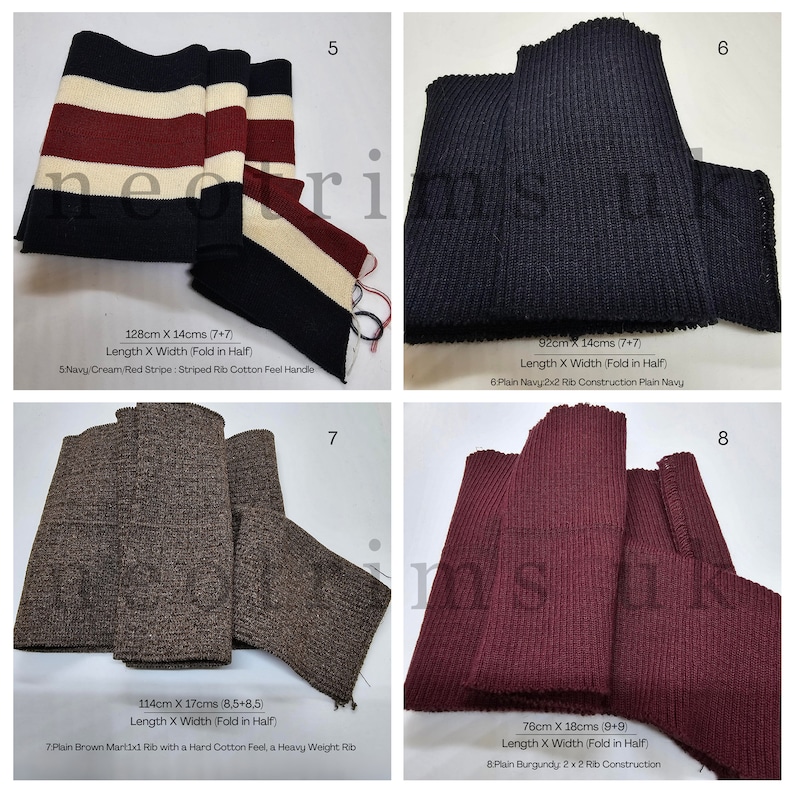 Peut inclure: Quatre &eacute;chantillons de tissu tricot&eacute; dans diff&eacute;rentes couleurs et motifs. Les tissus sont pli&eacute;s en deux et &eacute;tiquet&eacute;s avec leurs dimensions et descriptions. Les tissus sont : 5&nbsp;: Navy/Cream/Red Stripe&nbsp;: Striped Rib Cotton Feel Handle, 6&nbsp;: Plain Navy 2x2 Rib Construction Plain Navy, 7&nbsp;: Plain Brown Mart 1x1 Rib with a Hard Cotton Feel, a Heavy Weight Rib, et 8&nbsp;: Plain Burgundy&nbsp;: 2 x 2 Rib Construction.