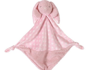 Pink Bunny Rabbit - Plush Teething Blanket, Teether Towel, Comfort Blankie, Teething Knots, Blanket Toy, Comfort Toy, Baby Shower Gift Idea