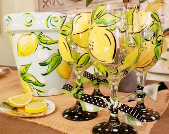 Lemon Wine Glass Hand Painted