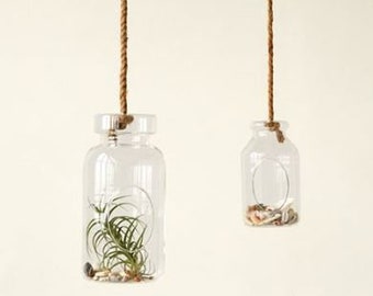 Hanging Terrarium w/ Jute Rope, Glass Terrarium, Outdoor/Indoor Hanging Vase, Decorative Hanging Jar