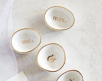 Mrs. - Ceramic Ring Dish, Miniature Jewelry Tray, Trinket Dish, Mini Vanity Tray, Anniversary, Wedding Gift, Bridal Gift, Gift Ideas For Her