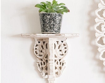 White Distressed Carved Design Wall Shelf