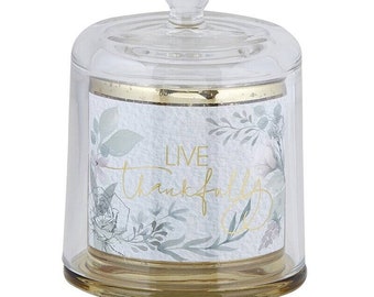 Live Thankfully - LED Flameless Wax Candle with Glass Dome Cover, Realistic Flickering Candle, Battery Pillar Candle, Inspirational Gift