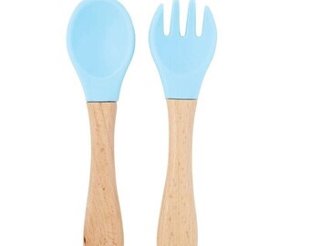 Blue - Baby Silicone and Beech Wood Utensils, Fork & Spoon Set,  Baby Self Feeding Cutlery, Toddler Weaning Set, Baby Shower Gift Idea