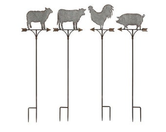 Farm Animal Garden Stakes, Pig Garden Stake, Cow Garden Stake, Sheep Garden Stake, Roster Garden Stake, Garden Decoration