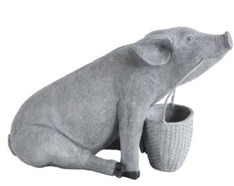 Resin Pig w/ Basket Planter, Pig Planter, Porch Accessories, Animal Planters