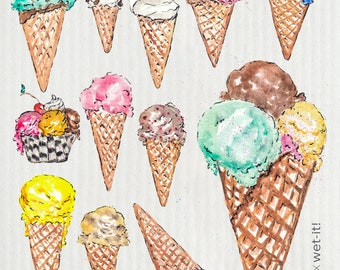 Watercolor Ice Cream - Swedish Cloth, Sponge, Ecofriendly Dishcloth, Reusable Paper Towel