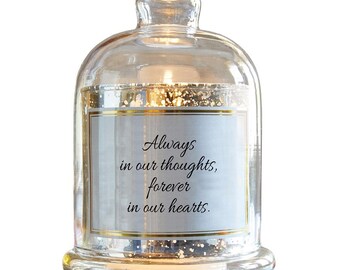 Always in our Thoughts - LED Flameless Wax Candle with Glass Dome Cover, Realistic Flickering Candle, Battery Pillar Candle, Sympathy Gift