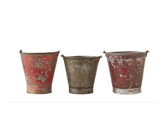 Round Metal Buckets, Decorative Pails, Rustic Buckets, Set of 3 Buckets