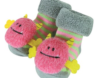 Pink Monster - Plush Rattle Socks, Baby Booties, Non-Slip Crib Shoes Baby Sensory Toy Socks, Baby Shower Gift Idea - Fits 6-12 Months