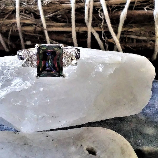 Artisan Mystic Topaz Rainbow and Amethyst, White Quartz Flower Briolettes Silver Ring 8(US) ~ Mystic Cross Cut ~ Handcrafted 925 Silver