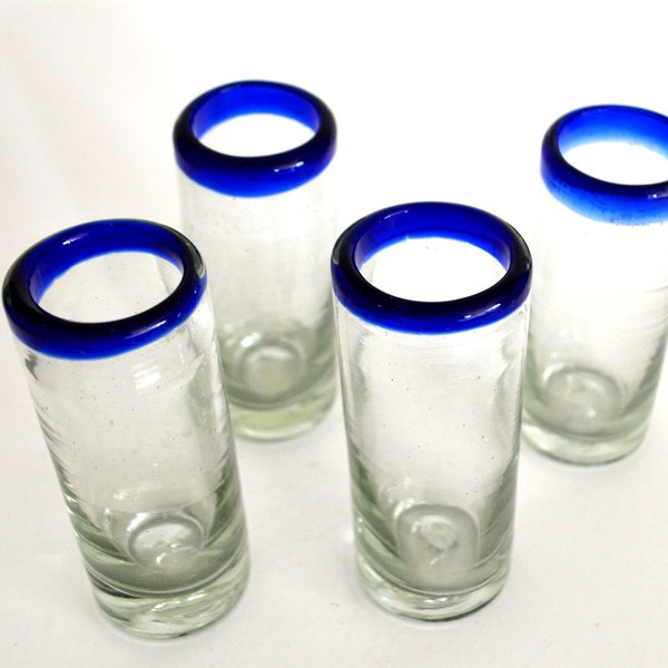 Set of 4 handblown shot glass with blue rim 2 oz from Mexico (perfect for Tequila and Mezcal)