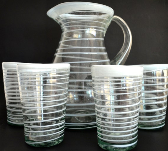 Handblown Glass Clear and Green Water Glasses Set of 6 - Conical