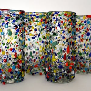 Set of 4 handblown shot glass with multicolor sparks from Mexico (perfect for Tequila and Mezcal)