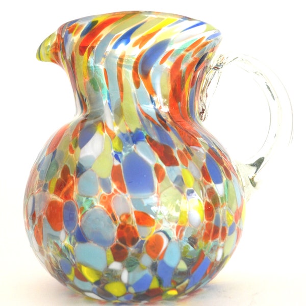 Hand blown small glass pitcher with multicolor sparks balloon shape 32oz