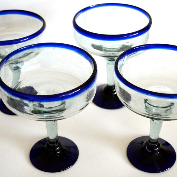 4 pack Blue rim Margarita glass handblown 14 oz