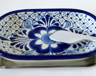 Small talavera and pewter serving set with knife.