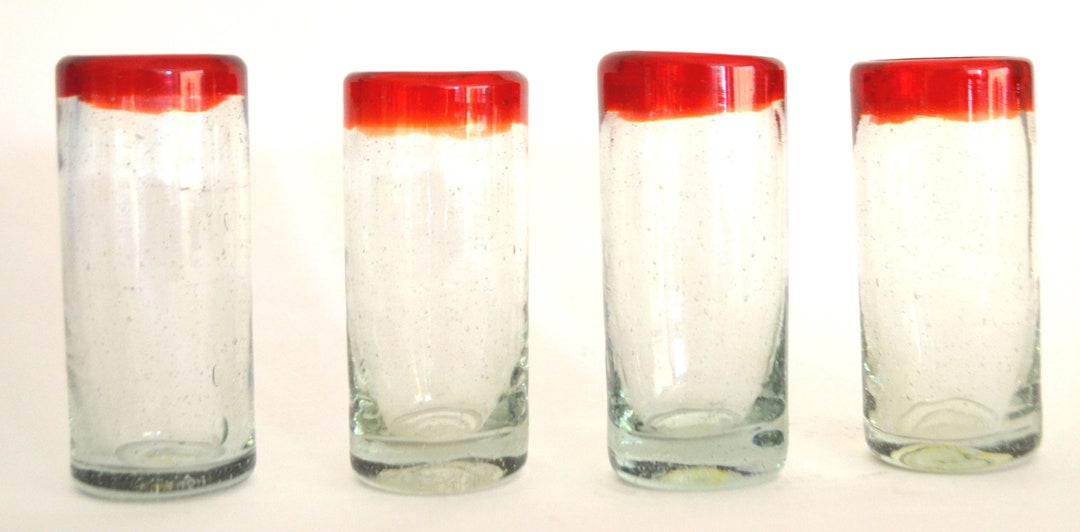 Set of 4 Handblown Shot Glass With Red Rim 2oz From Mexico (perfect for ...