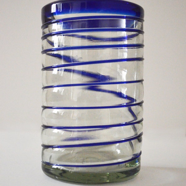 Blue spiral water glass handblown 16 oz