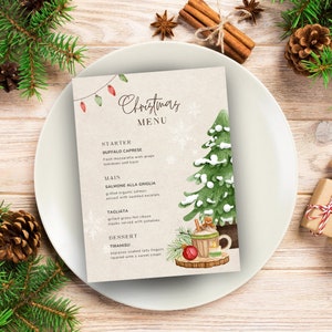 Edytowalny szablon menu na kolację wigilijną, drukowane menu świąteczne, edytowalne menu na kartkę świąteczną, dekoracja na imprezę świąteczną