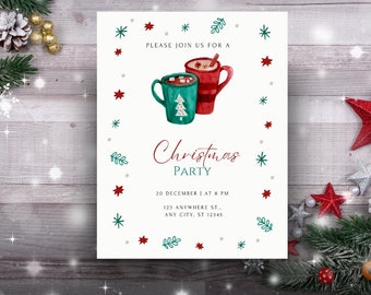May include: A white Christmas party invitation with red and green stars, a green and red mug with a cinnamon stick, and the text "Please join us for a Christmas Party, 20 December | at 8 PM, 123 Anywhere St., Any City, ST 12345".