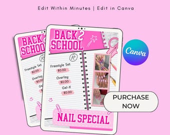 Folleto promocional de uñas para la vuelta al cole, plantilla para salón de belleza (Canva)