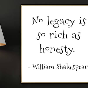 William Shakespeare Print, No legacy is so rich as honesty, Digital Print, Digital art, Literary Quote, Inspirational Art, Shakespeare quote