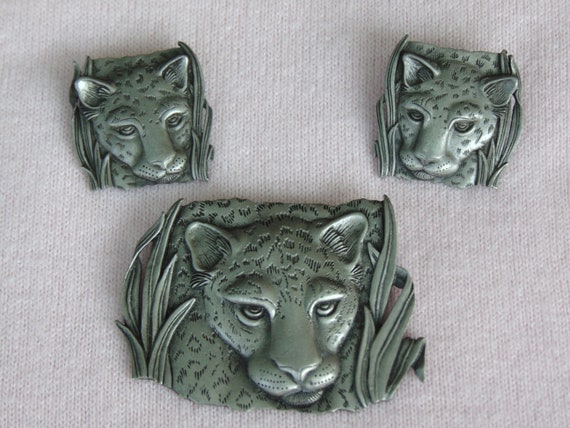 Leopard Brooch And Earring Set-1986 J J Pewter Je… - image 6