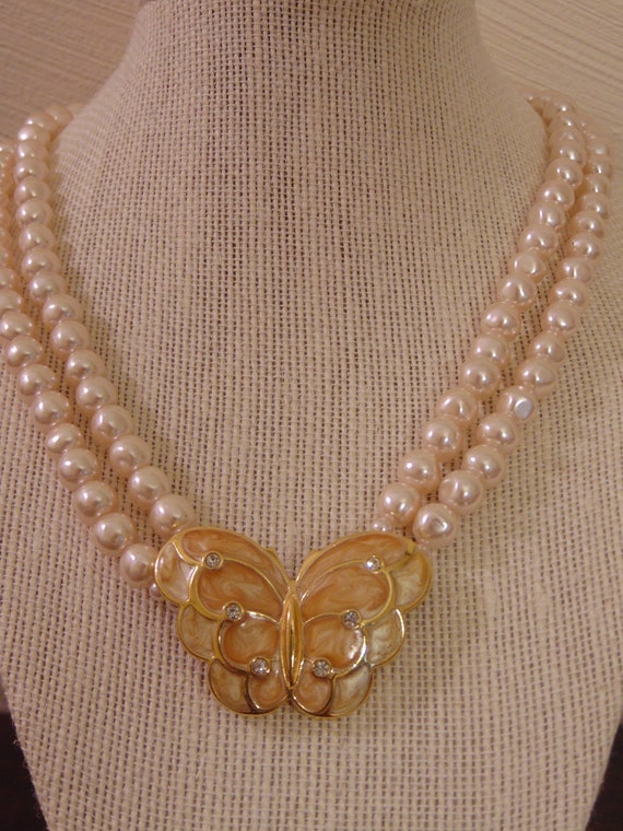 Vintage KJL Double Strand Enameled Butterfly Bezel Se… Gem