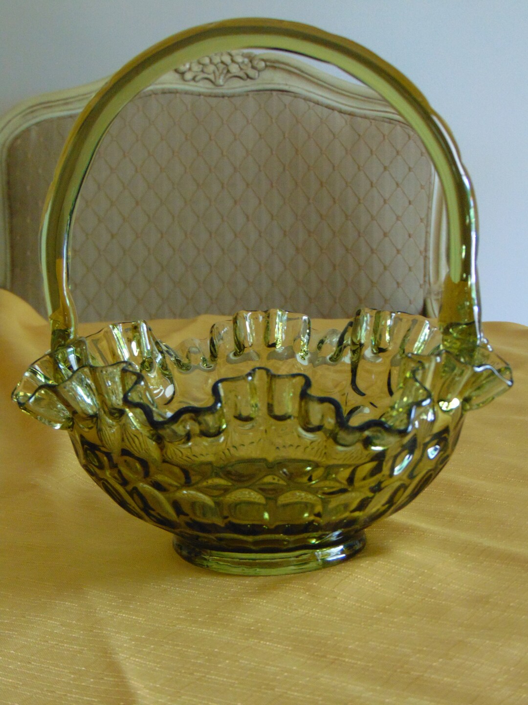 Vintage Glass Basketgreen Glass Basketthumbprint Green Glass Etsy