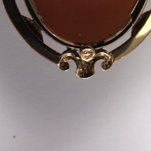 May include: A gold-toned metal pendant with a cameo featuring a brown stone. The pendant has a decorative design and the inscription "ICK" on the back.