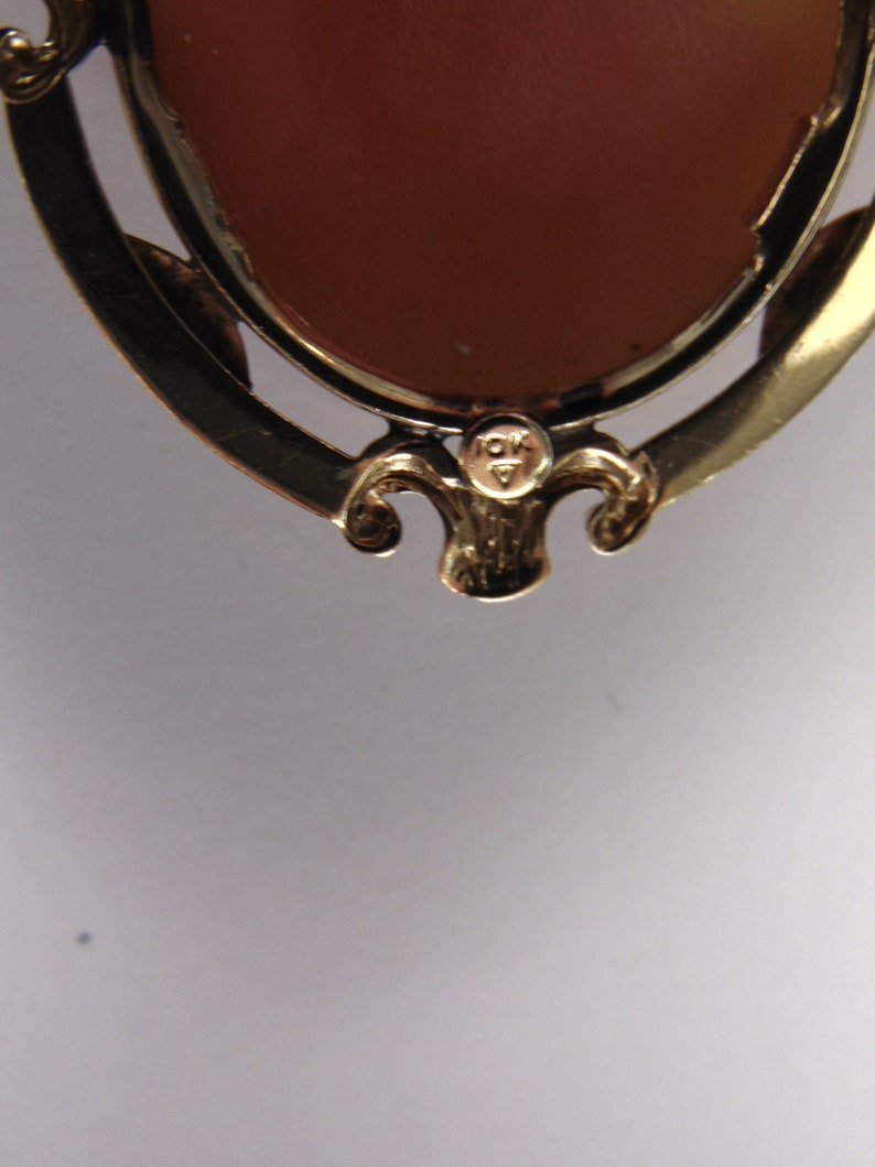 May include: A gold-toned metal pendant with a cameo featuring a brown stone. The pendant has a decorative design and the inscription "ICK" on the back.