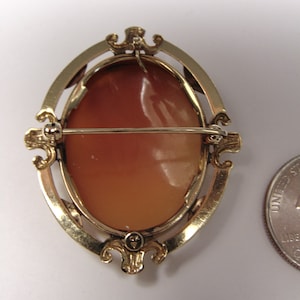May include: A gold-toned cameo brooch with a delicate, ornate frame and a light brown cameo stone. The brooch has a pin closure on the back.