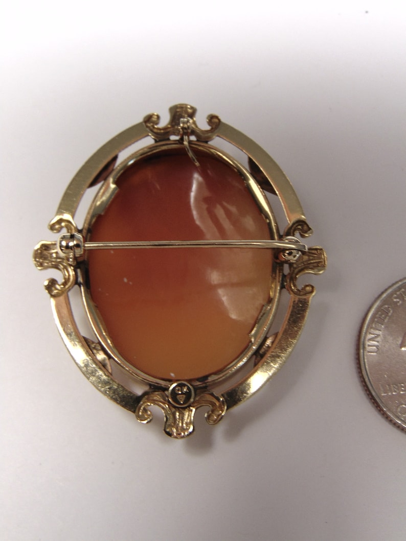 May include: A gold-toned cameo brooch with a delicate, ornate frame and a light brown cameo stone. The brooch has a pin closure on the back.