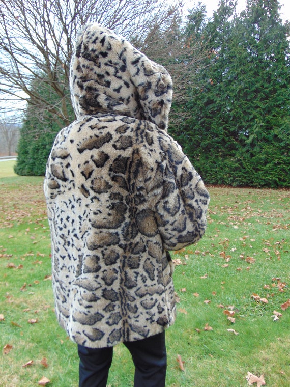 Faux Fur Animal Print Hooded Jacket, Unisex Faux F