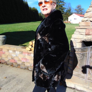 Sculpted Black Sheared Mink Jacket With Beige Inserts-Ladies Sz 14 Black Mink Jacket-Real Mink Fur Jacket-Fur Coat Gifts-Black Mink Jacket