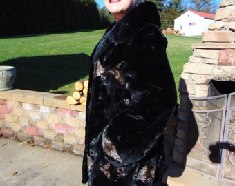 Sculpted Black Sheared Mink Jacket with Beige Inserts - Ladies Sz 14