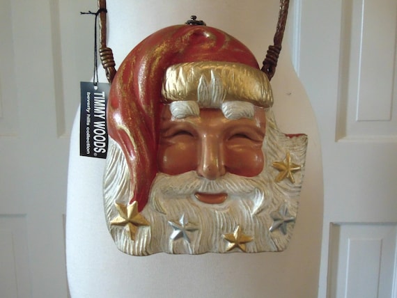 Vintage Preloved Handcrafted Timmy Woods Wooden Santa Claus Purse, Santa Christmas Home Decor