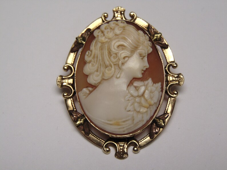May include: A gold-tone cameo brooch featuring a carved shell cameo of a woman with a flower. The cameo is set in a detailed oval frame with gold accents.