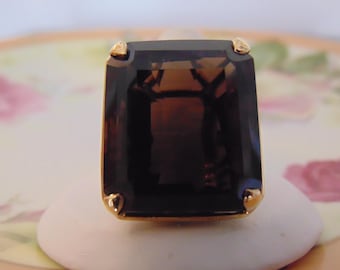 18KTYG Smokey Quartz Ring: 50 Carat Gold Statement Ring