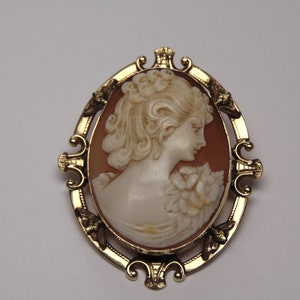 May include: A gold-tone cameo brooch with a carved shell cameo of a woman's profile. The cameo is set in a gold-tone frame with ornate details and green accents.