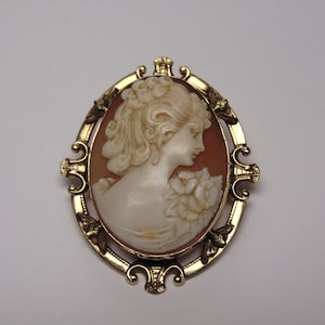 May include: A gold-toned cameo brooch featuring a carved shell cameo of a woman's profile with a floral design. The cameo is set in a gold-toned oval frame with ornate details.