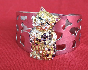 Vintage Crystal Kitty Cat Cuff Bracelet - 1990s Silver Tone